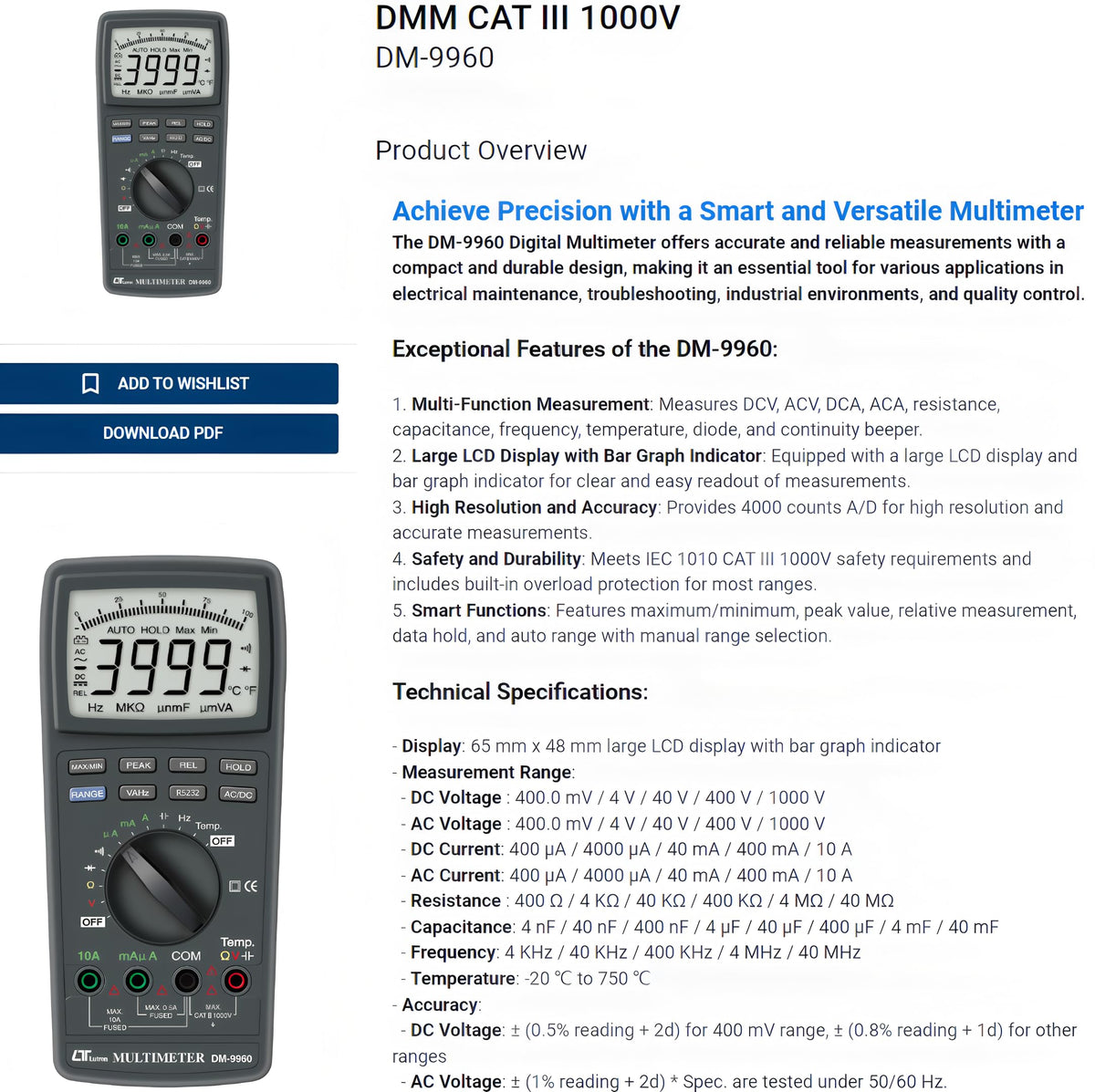 i-POOK DM-9960 Digital Multimeter AC/DC Voltmeter Ammeter Non-contact Voltage Detector Electric Current Tester Hz Diode Capacitor Large LCD Display with Bar Graph Indicator made in Taiwan