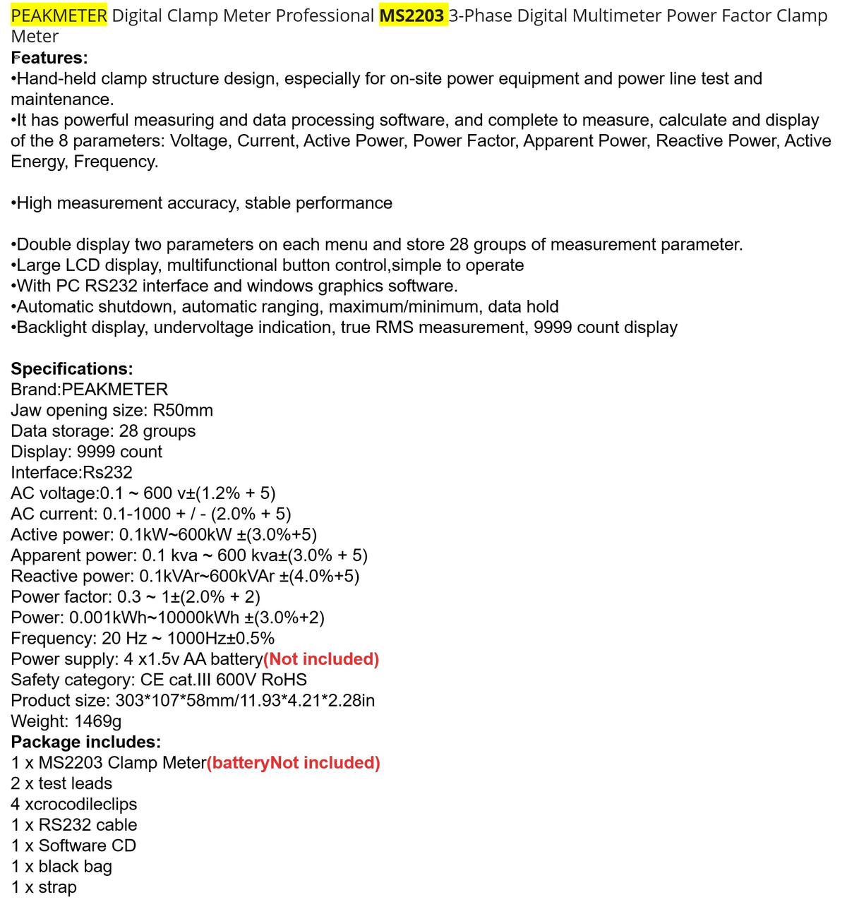 MS2203 Clamp Multi tester Intelligent Harmonic Power Tester Clamp Power Meter with Current Test and Power Testing 3-Phase Auto Multimeter