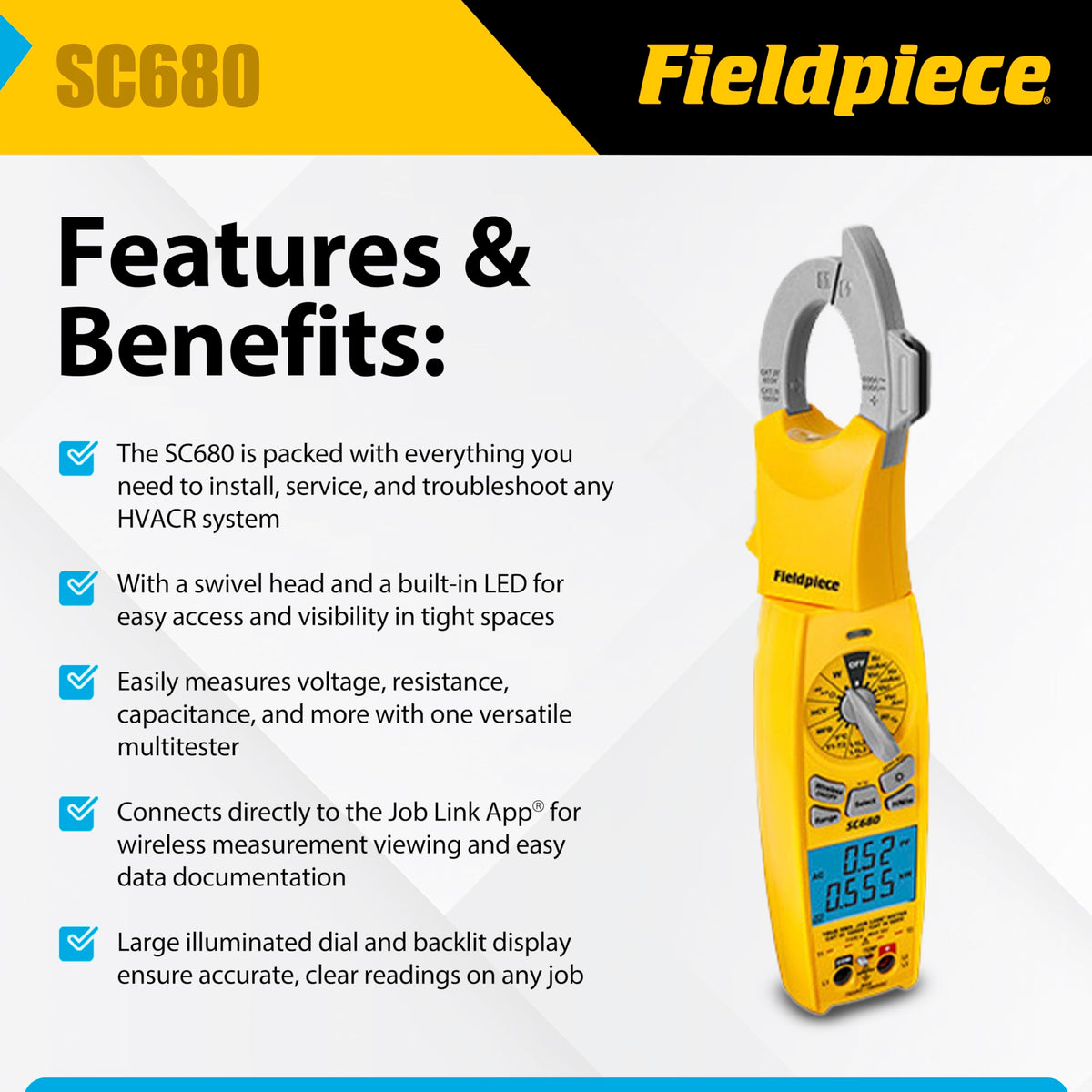 Fieldpiece SC680 Clamp Meter - Wireless Power Multitester for HVACR Professionals - AC/DC Swivel Clamp Meter with Dual Display - HVAC Tools
