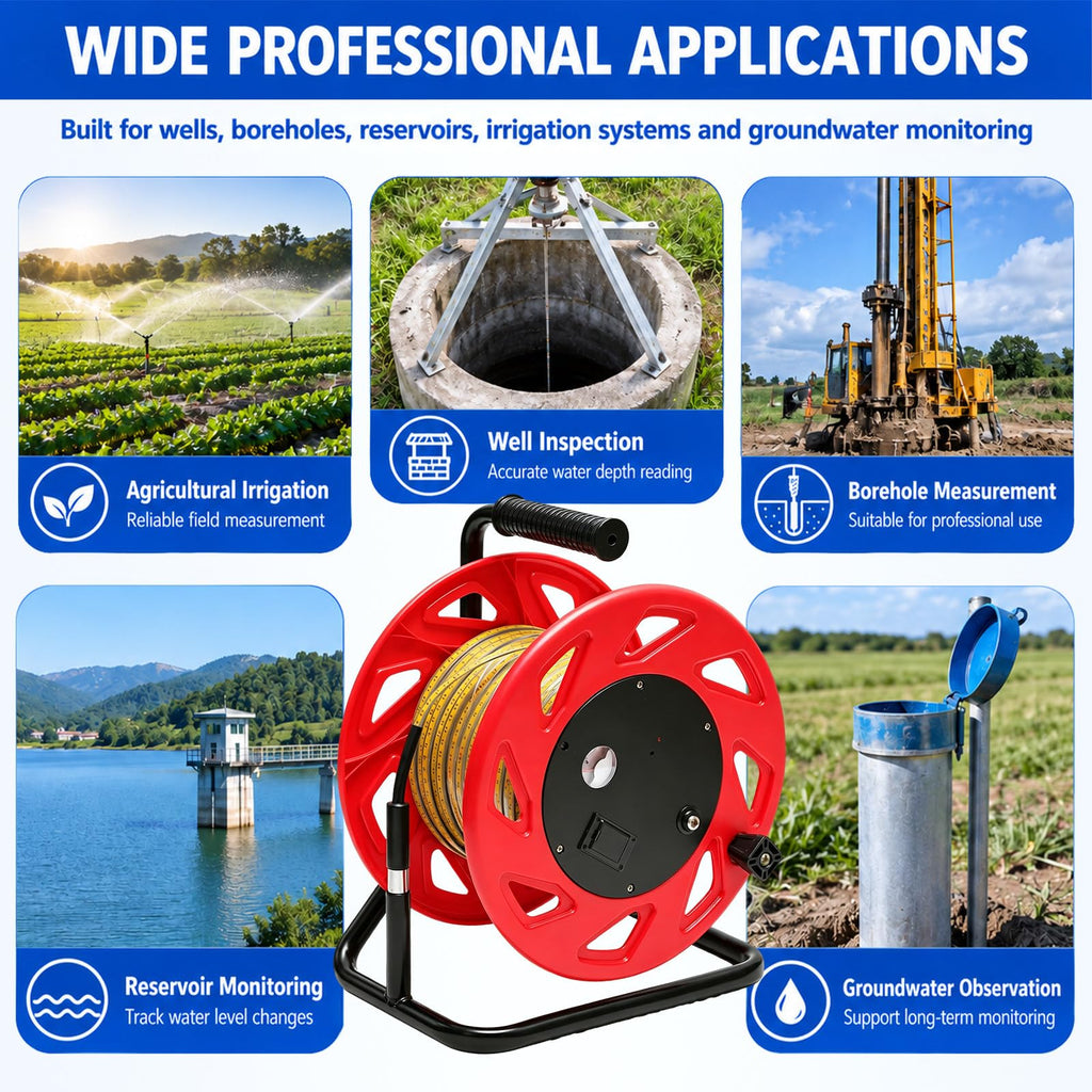 Water Level Meter Groundwater Depth Measurer with LED & Buzzer Alarm,316 Probe,15~300m Steel Tape for Wells, Boreholes, Reservoirs - Industrial & Agricultural 30m-98ft