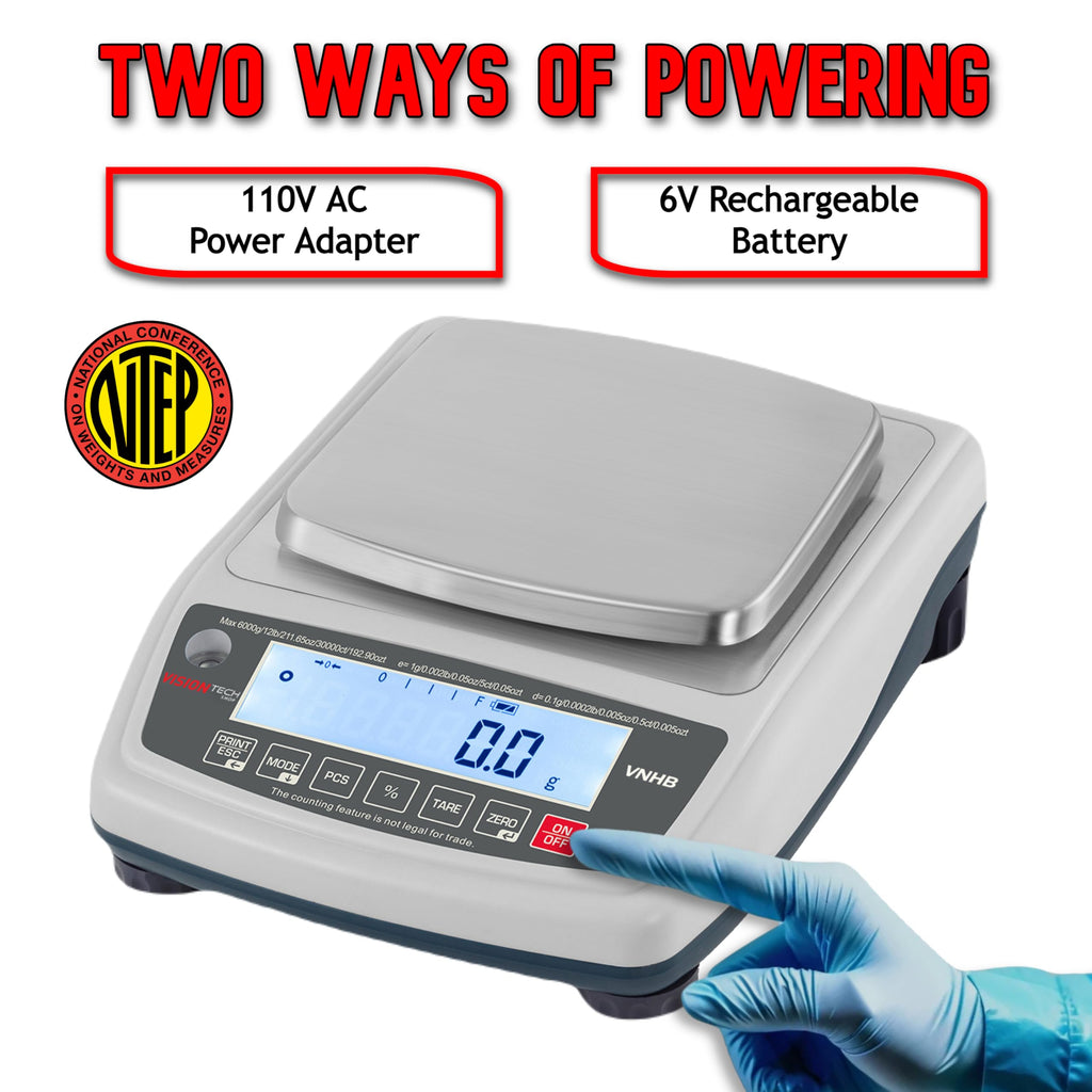 VisionTechShop VNHB-6000 Compact Balance Jewelry and Laboratory Lab Scale, g/lb/oz/ct/ozt Switchable, 6000g Capacity, 1g Readability, NTEP Legal for Trade COC #24-056