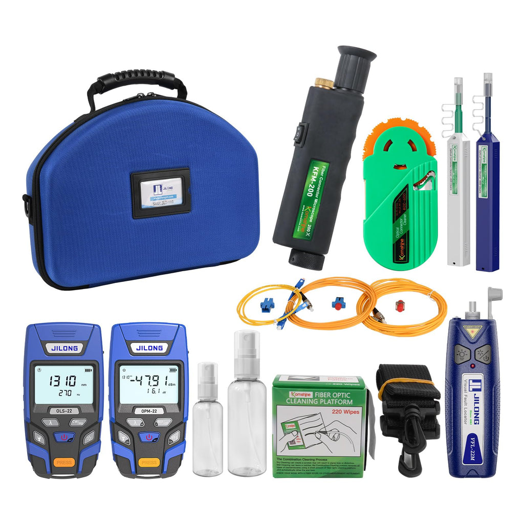 Fiber Optic Termination Kit FTTH Loss Kit JLT-15D +Optical Power Meter with RJ45 Network Testing (-70~+10dB) +1310/1550nm SM Fiber Light Source+200X Magnification Microscope+Cleaning Tools