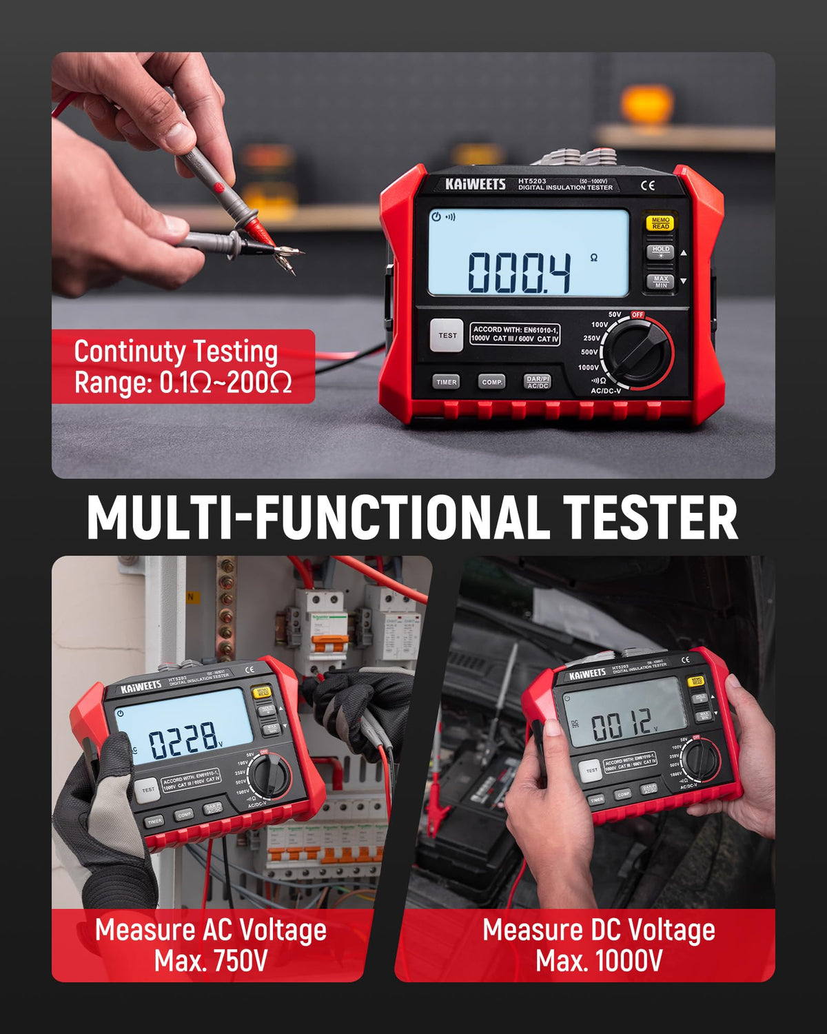 KAIWEETS KE1000 Megohmmeter Insulation Resistance Tester Up to 100GΩ and KAIWEETS KT301P Circuit Breaker Finder