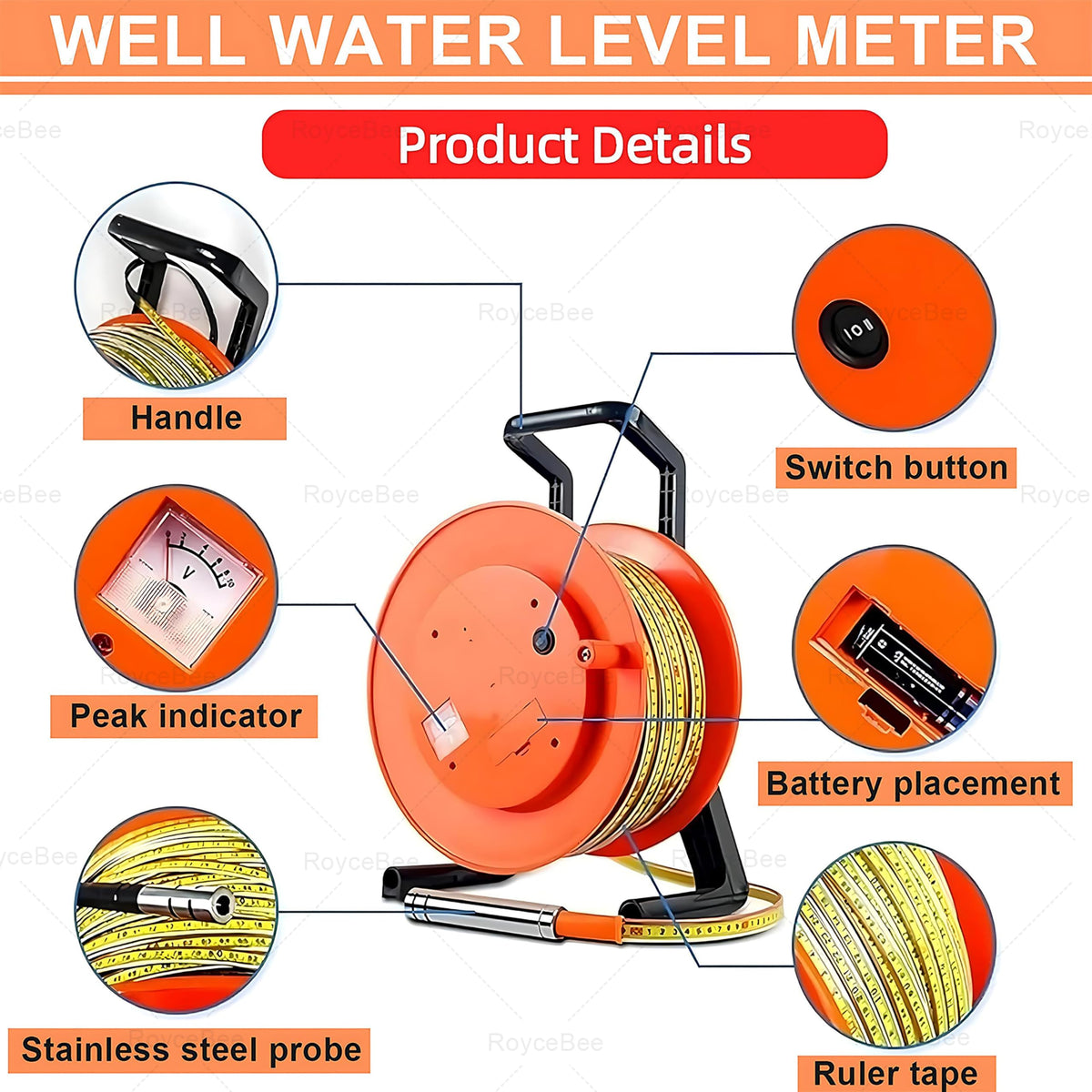 Water Level Meter, 30-500m Groundwater Levels Measuring,Water Level Indicator,Well Water Depth Sounder,Electronic Water Level Gauge with Fixed Probe and Steel Tape 50m/164ft
