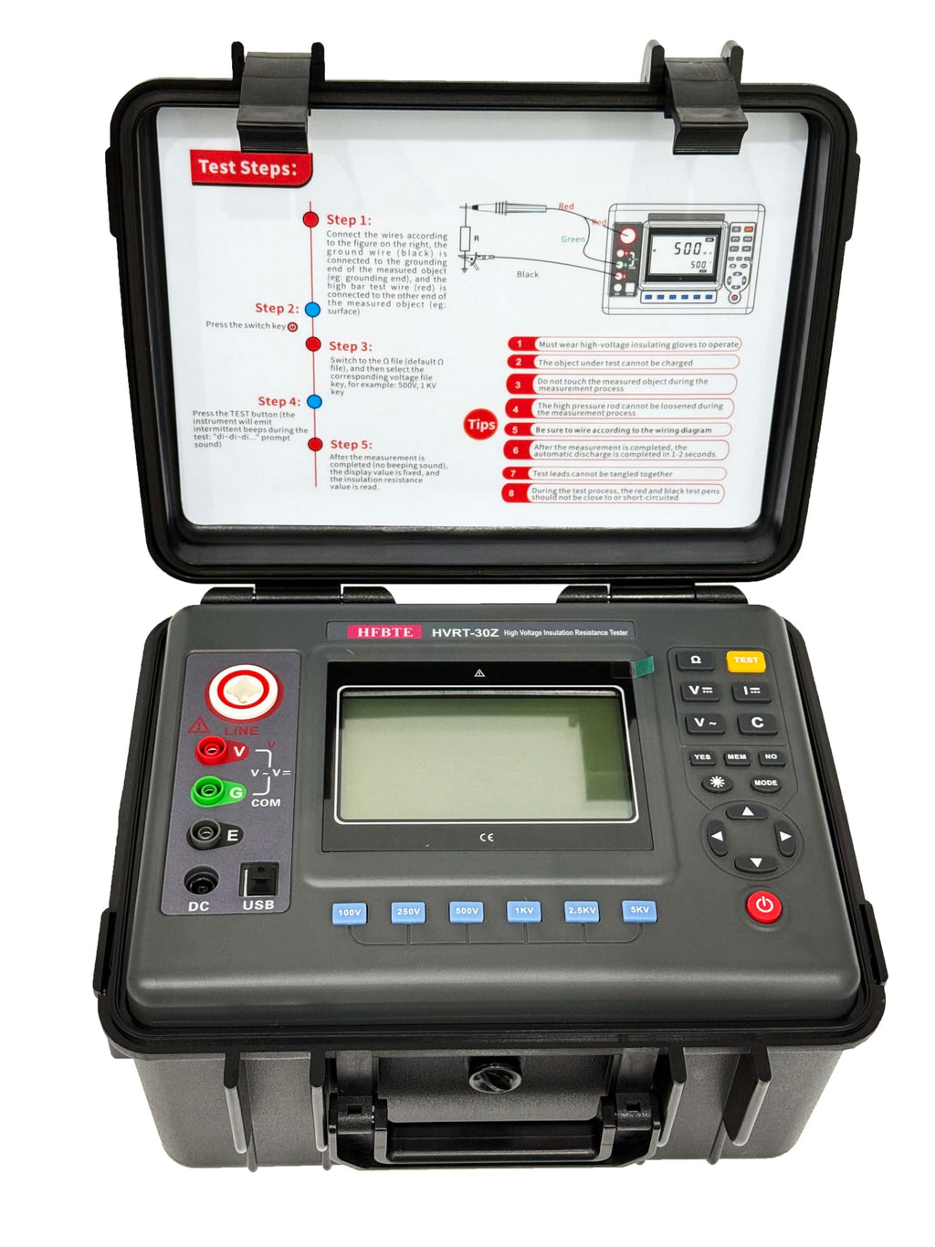 High Voltage Insulation Resistance Meter Tester Megohmmeter with Rated Voltage 100V 250V 500V 1000V 2500V 5000V Insulation Resistance Range 0.01MΩ-10TΩ Resolution 0.01MΩ DC Current 0.1nA-6mA