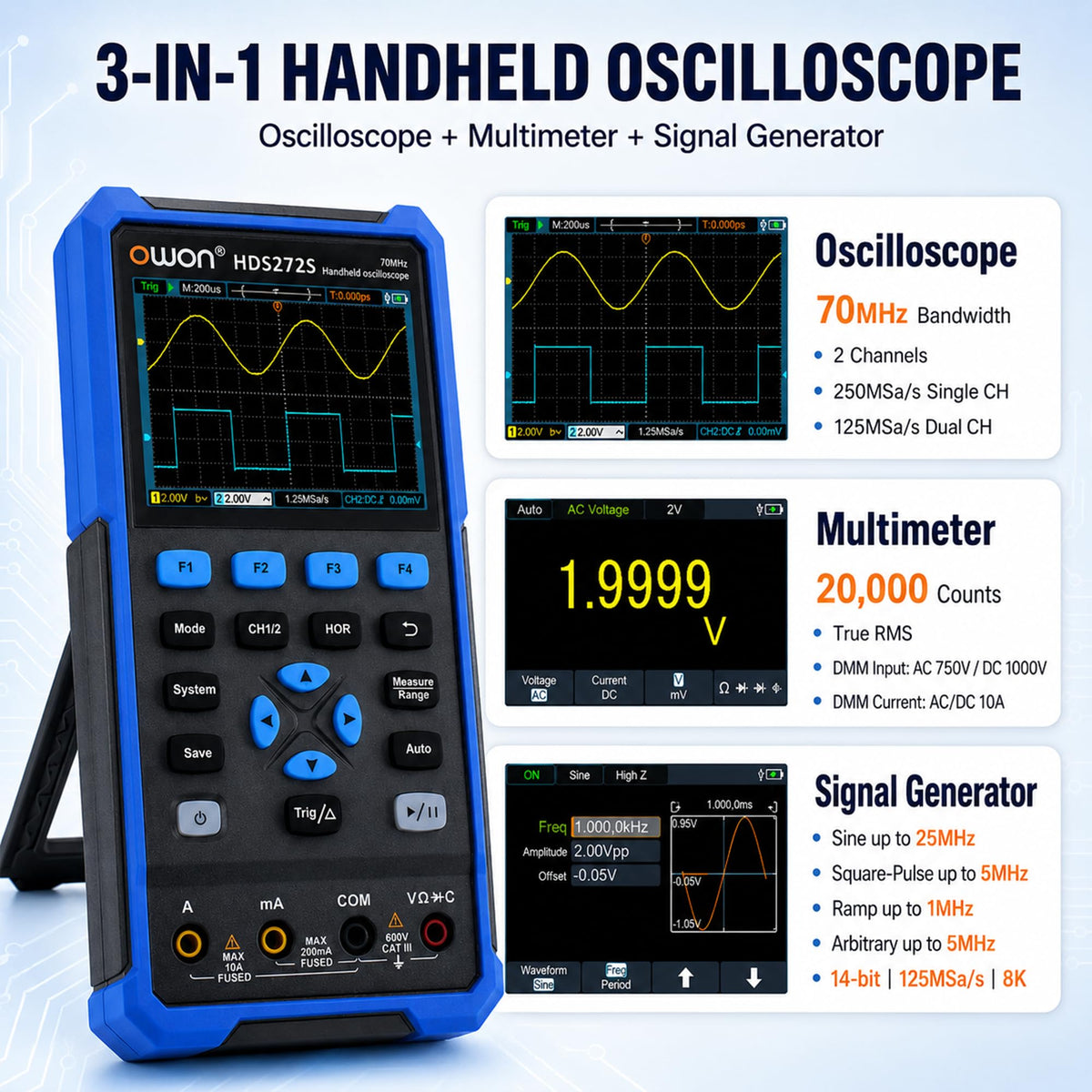 OWON HDS272S Oscilloscope, 3 in 1 with Multimeter 25MHz Waveform Generator