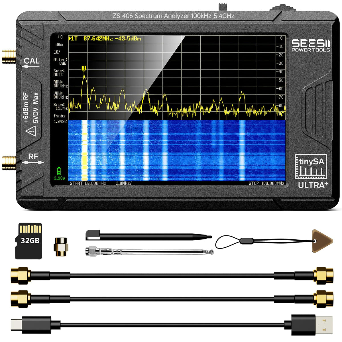 SeeSii TinySA Ultra+ ZS406 Spectrum Analyzer, 4.0 Inch 100kHz to 5.4GHz Handheld Tiny Frequency Analyzer with 32Gb Card, 2-in-1 Signal Generator MF/HF/VHF UHF Input,V0.4.6.1,2025 Upgraded
