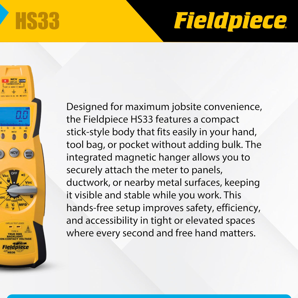 Fieldpiece HS33 Expandable Manual Ranging Stick Multimeter for HVAC/R – 400A Clamp - Non-Contact Voltage with Temperature to 1000°F - Capacitance and K-Type Thermocouple - HVAC Electrical Tester