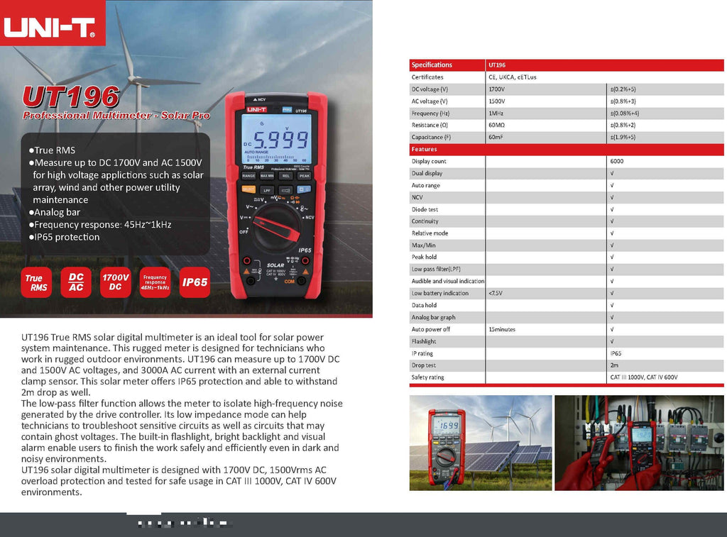 UNI-T Uni-Trend Multimeter clamp Meter UT196 Professional Digital Multimeter 1700V DC Voltage Tester True RMS Capacimeter Resistance Frequency Meter- Solar Pro