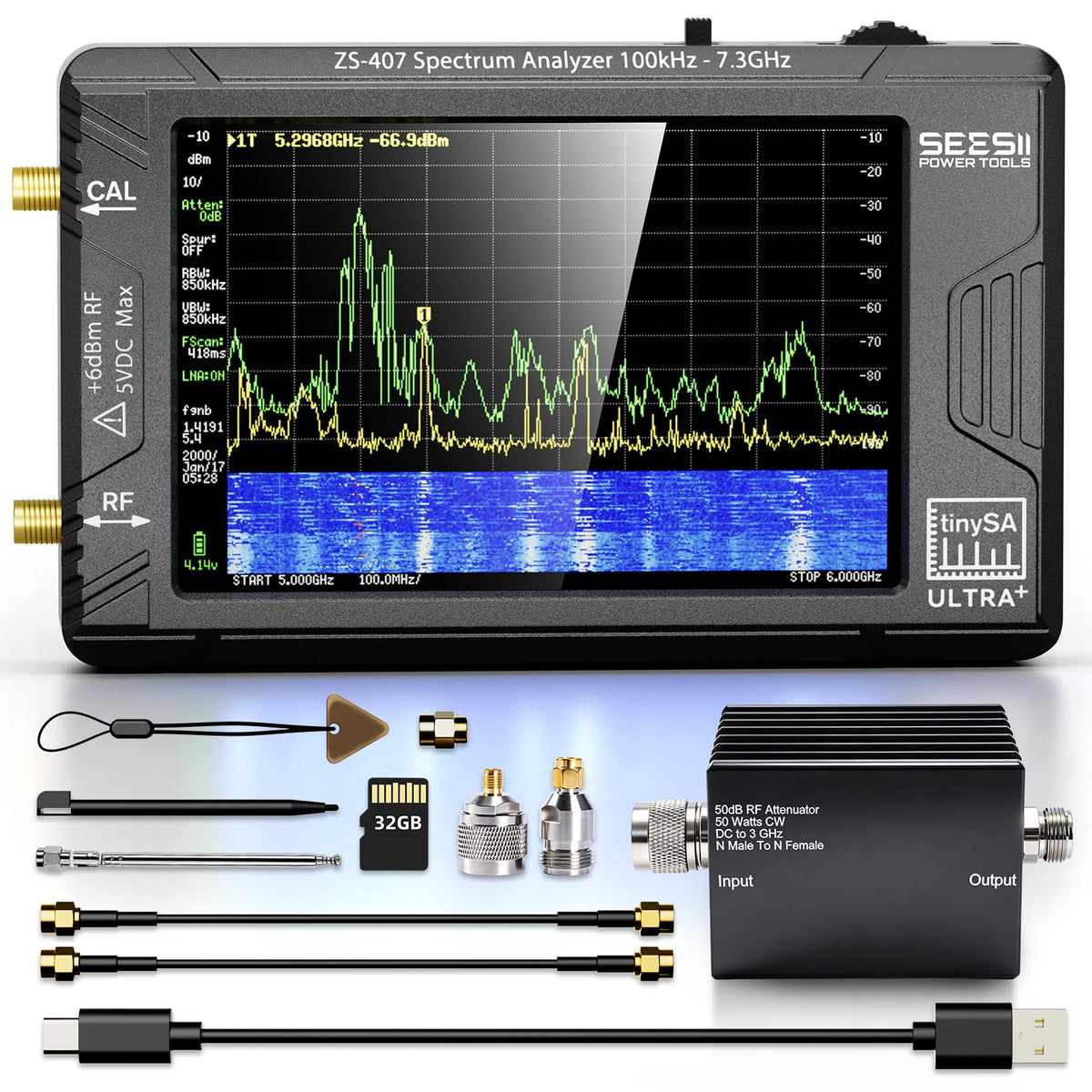 SeeSii TinySA Ultra+ ZS407 7.3GHz Spectrum Analyzer: 2026 Upgraded 4 Inch HW V0.5.4 100kHz-7.3GHz Handheld Tiny Frequency Analyzer - 2-in-1 RF Signal Generator 100kHz to 900MHz MF/HF/VHF UHF