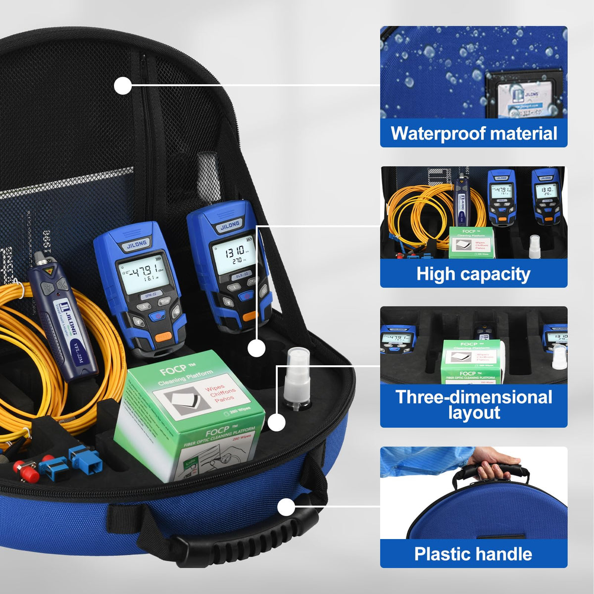 Fiber Optic Termination Kit FTTH Loss Kit JLT-15D +Optical Power Meter with RJ45 Network Testing (-70~+10dB) +1310/1550nm SM Fiber Light Source+200X Magnification Microscope+Cleaning Tools