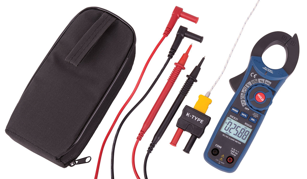 REED Instruments R5030 True RMS AC/DC Clamp Meter with Temperature and Non-Contact Voltage Detector, 500A with NIST Calibration Certificate