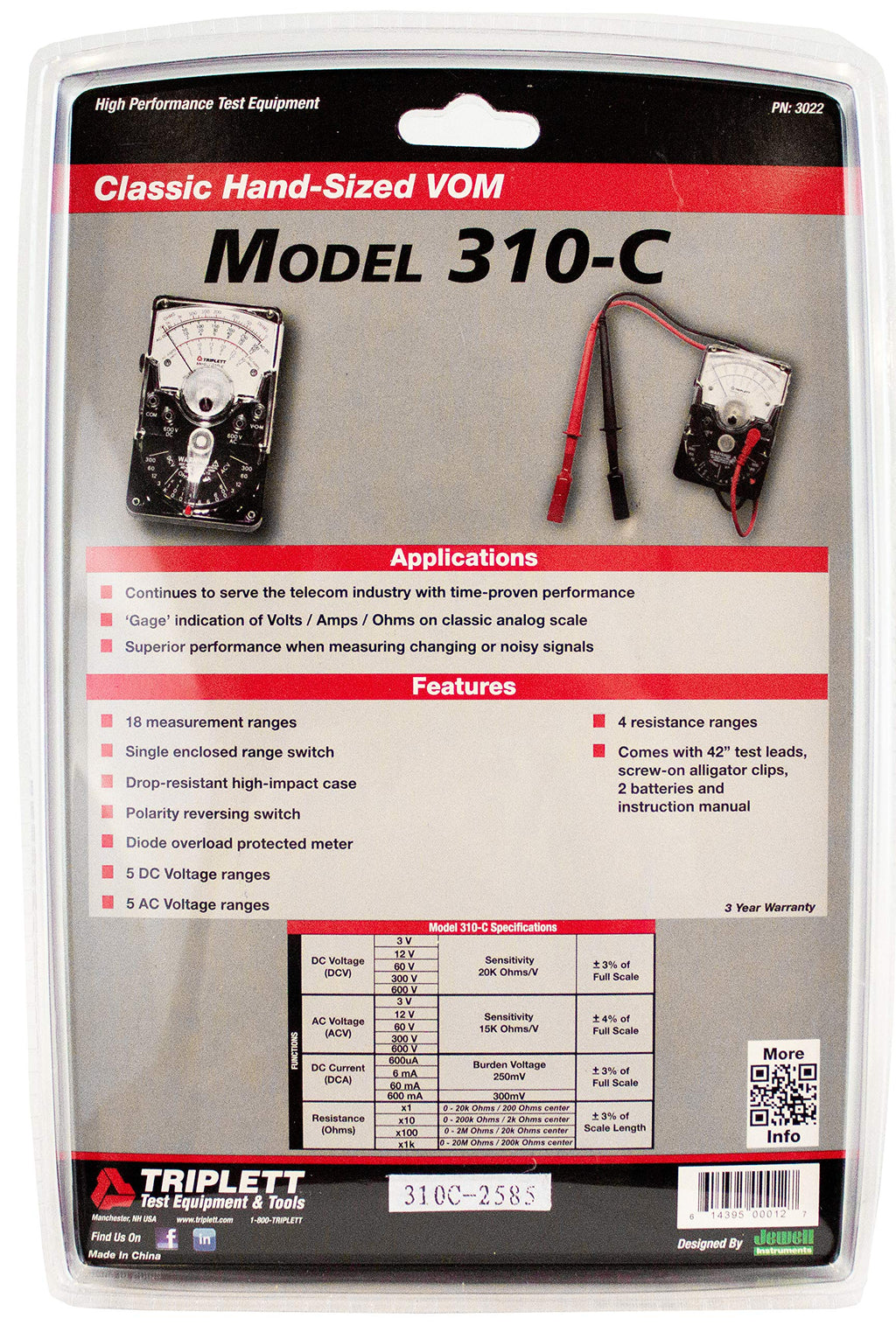 Triplett 3067 Hand-Sized Analog Multimeter for Telco